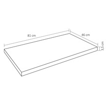 Draufsicht einer Arbeitsplatte mit den Maßen 81 cm Länge, 46 cm Breite und 3,5 cm Höhe