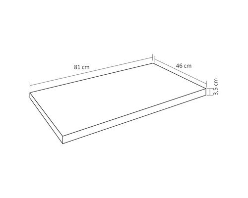 Draufsicht einer Arbeitsplatte mit den Maßen 81 cm Länge, 46 cm Breite und 3,5 cm Höhe