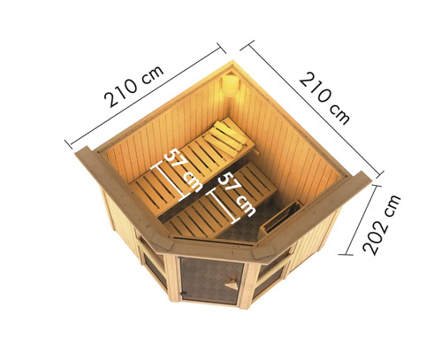 Ecksauna mit Maßen 210 cm x 210 cm x 202 cm