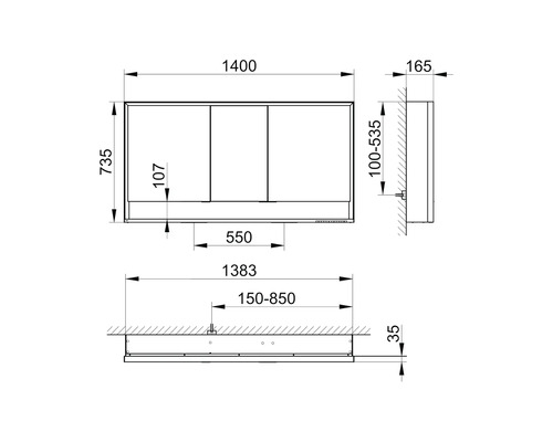 Technische Zeichnung eines Spiegelschranks mit Maßangaben