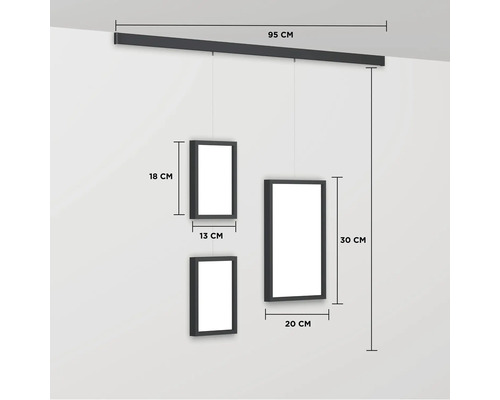 Hängendes Bilderrahmen-Set mit den Maßen 95 cm, 18 cm, 13 cm, 30 cm und 20 cm