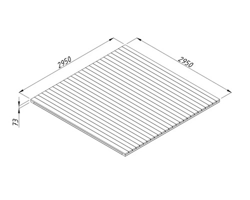 Zeichnung einer Holzterrasse mit den Maßen 2950 mal 2950 und einer Stärke von 73.
