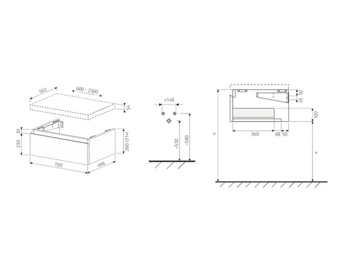 Technische Zeichnung eines Waschtischunterschranks mit Maßangaben