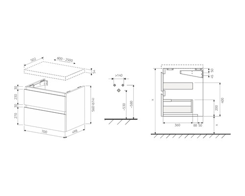 Maßzeichnung eines Waschtischunterschranks mit Waschbecken