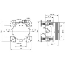 Technische Zeichnung eines Heizkreisverteilers mit Maßangaben