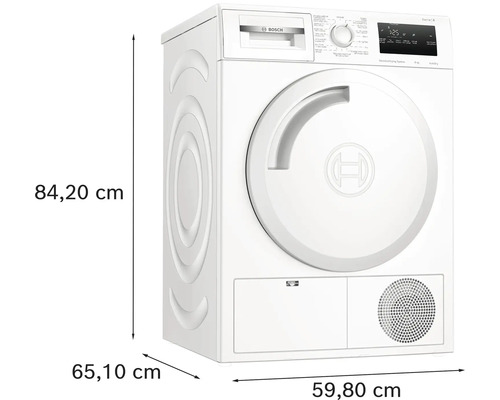 Bosch Wärmepumpentrockner mit den Massen 84,20 cm Höhe, 65,10 cm Tiefe und 59,80 cm Breite