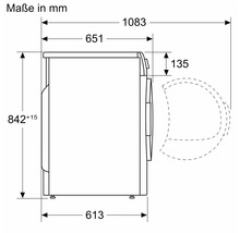 Maßzeichnung einer Waschmaschine mit Angabe der Maße in Millimetern.