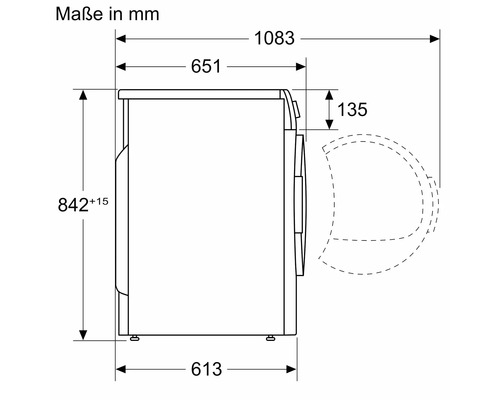 Maßzeichnung einer Waschmaschine mit Angabe der Maße in Millimetern.