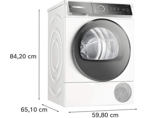 Bosch Wärmepumpentrockner mit den Maßen 84,20 cm Höhe, 65,10 cm Tiefe und 59,80 cm Breite.