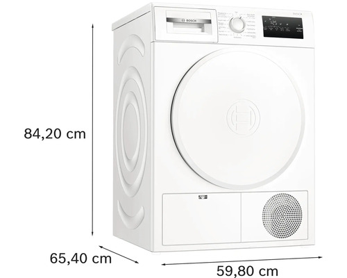 Bosch Wäschetrockner mit den Maßen 84,20 cm Höhe, 65,40 cm Tiefe und 59,80 cm Breite.