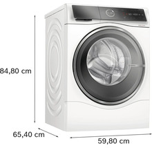 Freistehende Waschmaschine mit den Maßen 84,80 cm Höhe, 65,40 cm Tiefe und 59,80 cm Breite.