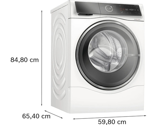 Freistehende Waschmaschine mit den Maßen 84,80 cm Höhe, 65,40 cm Tiefe und 59,80 cm Breite.