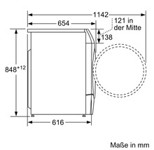 Technische Zeichnung einer Waschmaschine mit Maßangaben in Millimeter