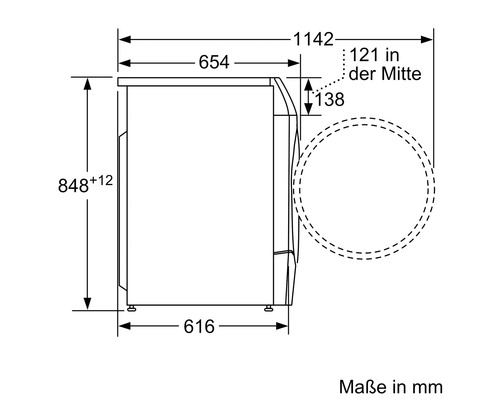Technische Zeichnung einer Waschmaschine mit Maßangaben in Millimeter