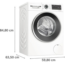 Bosch Waschtrockner mit den Maßen 84,80 cm Höhe, 63,50 cm Tiefe und 59,80 cm Breite.