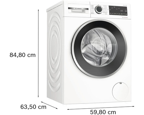 Bosch Waschtrockner mit den Maßen 84,80 cm Höhe, 63,50 cm Tiefe und 59,80 cm Breite.