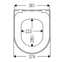 Technische Zeichnung eines Toilettensitzes mit Maßen