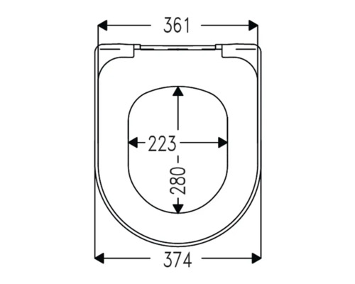 Technische Zeichnung eines Toilettensitzes mit Maßen