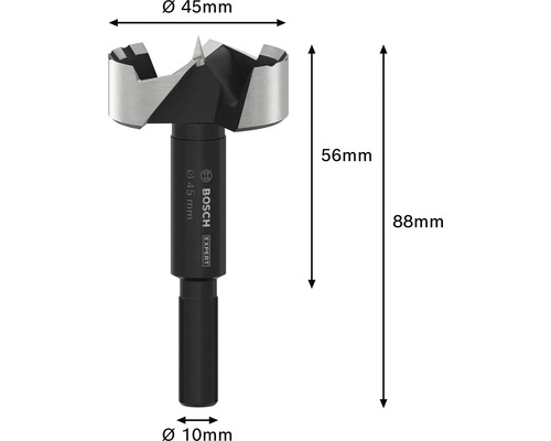 Forstnerbohrer mit 45 mm Durchmesser und 88 mm Gesamtlänge
