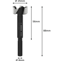 Bohrkopf mit den Maßen 25 mm Durchmesser Kopf, 56 mm Höhe Kopf, 88 mm Gesamthöhe und 8 mm Durchmesser Schaft