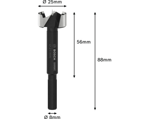 Bohrkopf mit den Maßen 25 mm Durchmesser Kopf, 56 mm Höhe Kopf, 88 mm Gesamthöhe und 8 mm Durchmesser Schaft