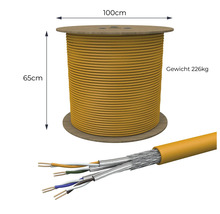 Gelbes Kabel auf Holzspule mit einem Durchmesser von 100 cm, einer Höhe von 65 cm und einem Gewicht von 226 kg.