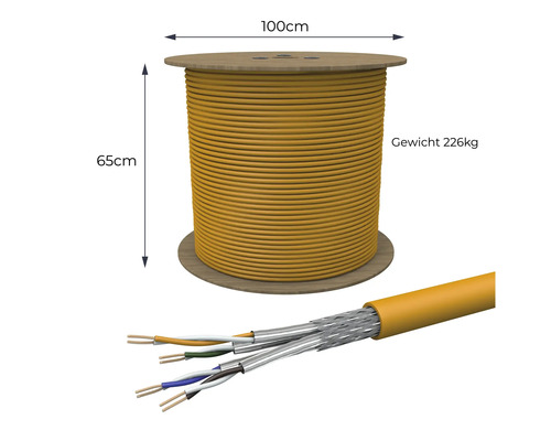 Gelbes Kabel auf Holzspule mit einem Durchmesser von 100 cm, einer Höhe von 65 cm und einem Gewicht von 226 kg.