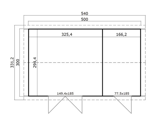 Technische Zeichnung eines Gartenhauses mit Maßangaben