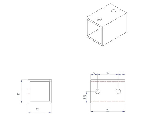 Technische Zeichnung eines Vierkantrohr-Verbinders mit Maßangaben