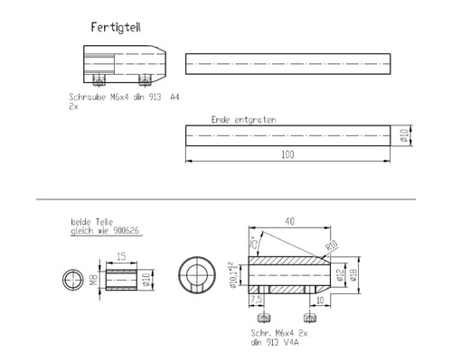 Technische Zeichnung eines Fertigteils mit Maßen und Schraubeninformationen