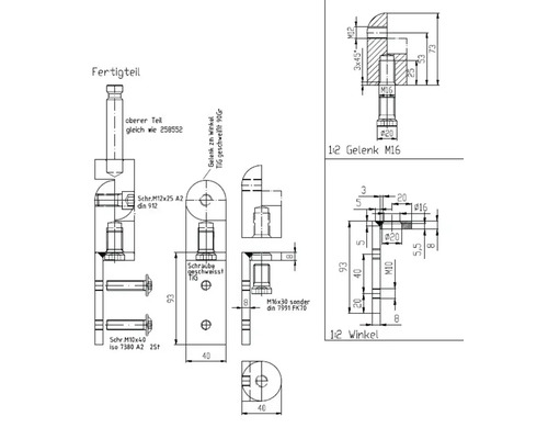 Technische Zeichnung eines Fertigteils mit Gelenk und Winkel, inklusive Maßangaben und Details zur Verschraubung und Schweißung.