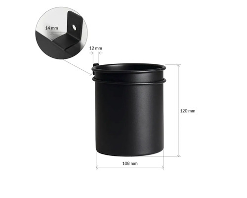 Schwarzer Wandhalter mit den Maßen 120 mm Höhe und 108 mm Durchmesser.