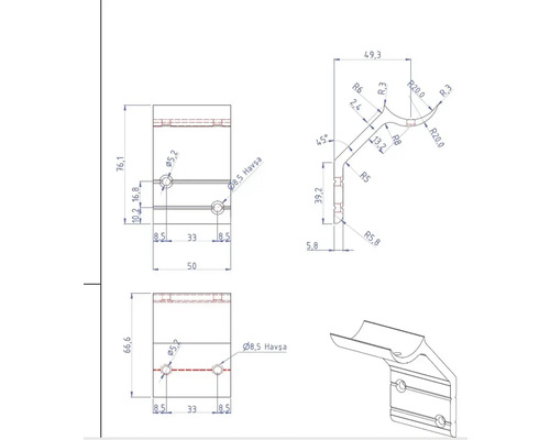 Technische Zeichnung eines Metallteils mit Maßangaben.