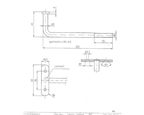 Technische Zeichnung eines Griffs mit Maßangaben