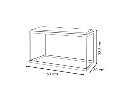 Aquarium mit den Maßen 60 cm Länge, 30 cm Breite und 33,5 cm Höhe