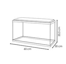 Aquarium mit den Maßen 60 cm Länge, 30 cm Breite und 33,5 cm Höhe.