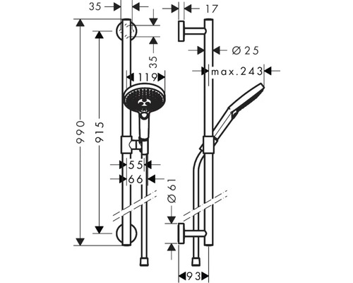 Technische Zeichnung eines Brausesets mit Handbrause und Kopfbrause