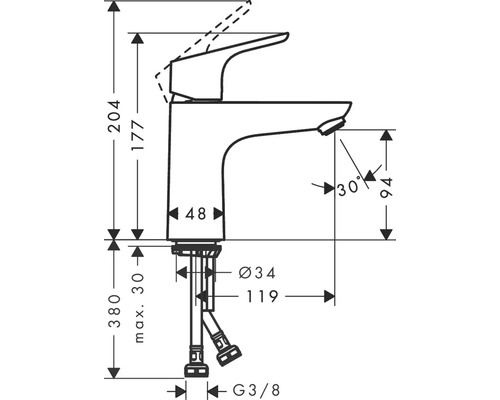 Technische Zeichnung einer Waschtischarmatur mit Maßangaben
