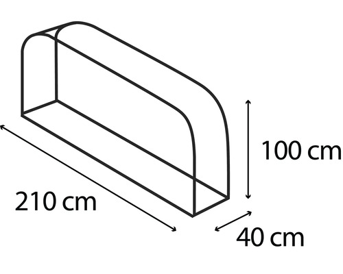 Abmessungen eines Frühbeets: 210 cm Länge, 100 cm Höhe, 40 cm Breite.