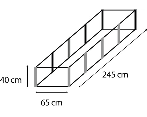 Schema einer Pflanztisch-Konstruktion mit den Maßen 245 cm Länge, 65 cm Breite und 40 cm Höhe.