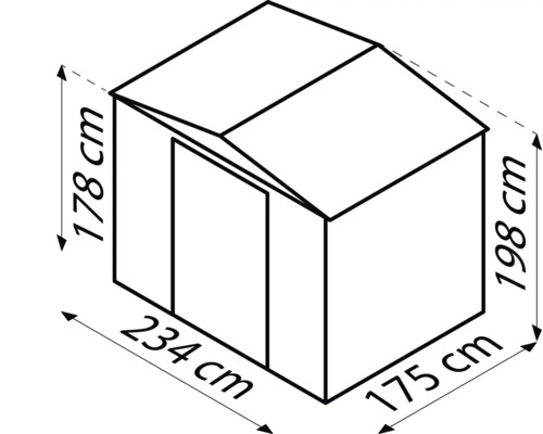 Abmessungen eines Gerätehauses: 175 cm, 178 cm, 198 cm, 234 cm