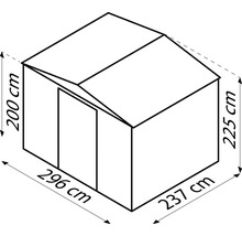 Abmessungen eines Gerätehauses: 296 cm x 237 cm x 225 cm, Höhe: 200 cm