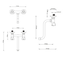 Technische Zeichnung eines Wasserhahns mit Maßangaben.