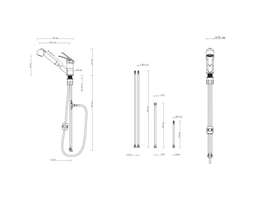 Technische Zeichnung einer Küchenarmatur mit Brause und Maßangaben