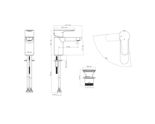 Technische Zeichnung eines Waschbecken Wasserhahns mit Maßen.
