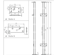 Technische Zeichnung mit Abmessungen von Platte A, Platte B und einem Vierkantrohr
