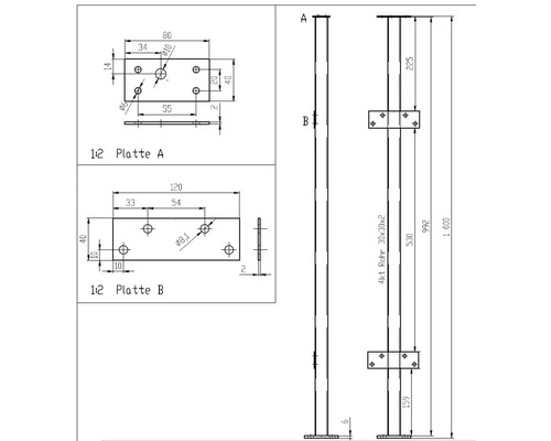 Technische Zeichnung mit Abmessungen von Platte A, Platte B und einem Vierkantrohr