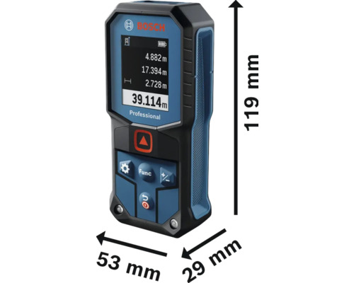 Bosch Professional Entfernungsmesser mit den Maßen 119 mm Höhe, 53 mm Breite und 29 mm Tiefe.