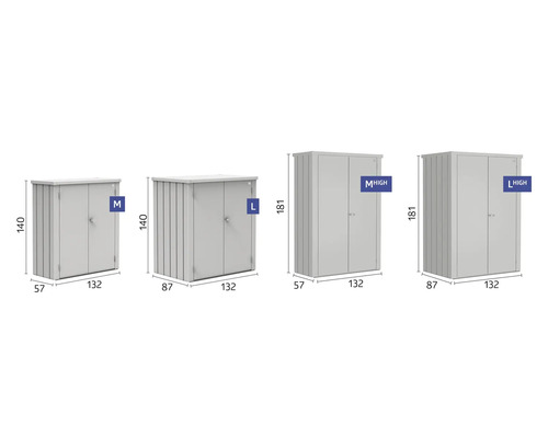 Abbildung verschiedener Metallschränke in den Größen M, L, M hoch und L hoch mit Maßangaben