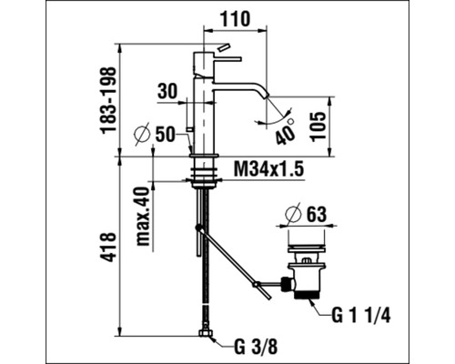 Technische Zeichnung eines Wasserhahns mit Maßangaben